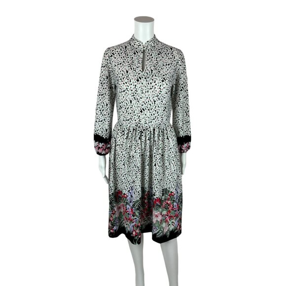 Vintage 70s Floral Dress Women's Small Border Print Pink Keyhole Neckline Sheath - Picture 2 of 12